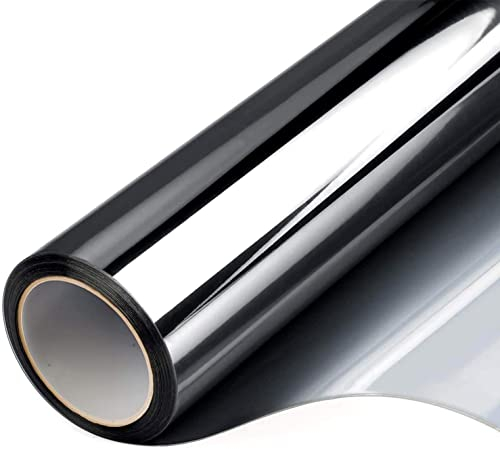 FILMGOO Fensterfolie Spiegelfolie Selbstklebend Sichtschutz Wärmeisolierung Sonnenschutzfolie Nicht klebend Fenstertönung Anti-UV Folie für Zuhause oder Büro Wohnzimmer(Schwarzes Silber, 90 x 1000 cm)