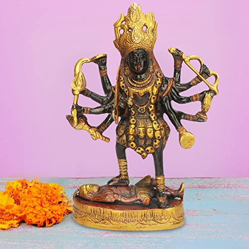 ARTVARKO Messing-Statue, Antik-Finish, Kali Maa Murti/Göttin Maha Kali/Mahakali/Kalika Maa, Messingstatue, Skulptur, Idol Murti, Dekor, Größe (L x B x H): 14 x 6,3 x 19,1 cm)
