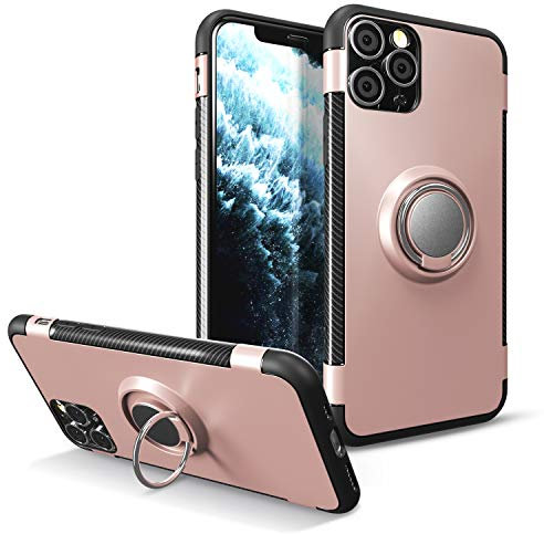 UEEBAI Case For iPhone 11 Pro,Ultra Slim Shockproof Silicone TPU+PC Case Anti-Scratch Back Cover 360 Degree Rotatable Ring Kickstand Used As an In-car Phone Holder Stand Cover - Rose Gold