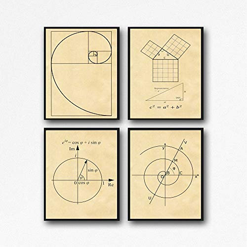 WallBUddy Math Poster Set of Math Posters Fibonacci Golden Spiral Pythagoras's Theorem Euler's Formula Archimedean Spiral Math Wall Art WB210 (59.4cm x 84cm (A1), Parchment)