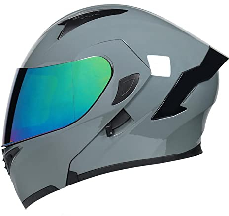 Woljay Casque intégral du visage moto casque modulaire Casque moto intégrée double visière pour adultes hommes femmes cyclomoteur DOT ECER22-05 (Grey-Multicolor Visor,M)