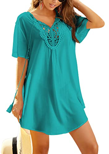 Ekouaer Beach Cover Ups for Women,V-Neck Hollow Beachwear Beach Dress Lace Crochet Women's Swim Cover-Ups Green L
