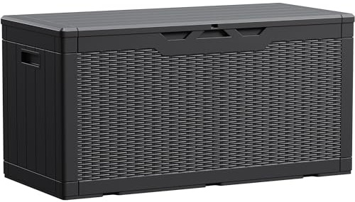 Devoko 100 Gallon Waterproof Large Resin Deck Box Indoor Outdoor Lockable Storage Container for Patio Furniture Cushions Garden Tools (100 Gallon, Black)