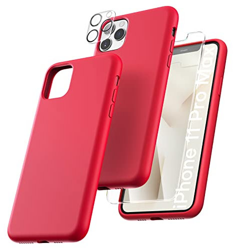 TOCOL 5 in 1 for iPhone 11 Pro Max Case 6.5, with 2 Pack Screen Protector + 2 Pack Camera Lens Protector, Liquid Silicone Slim Shockproof Full-Body Cover [Anti-Scratch] [Drop Protection], Red