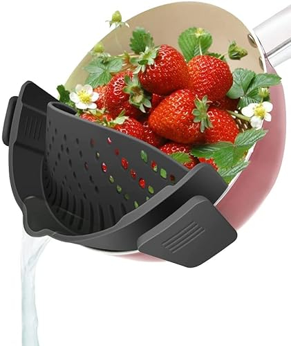 Snap Strainer, 1 Pack Silicone Food Strainers Heat Resistant Clip On Strain Strainer Rice Colander Kitchen Gadgets Drainer Hands- for Pasta, Spaghetti, Ground Beef, Universal Fit All Pots Bowls(Black