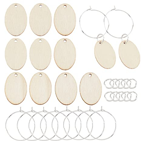 SUNNYCLUE 1 boîte 70 pièces Breloqueses de Verre à Vin Étiquettes Ovales Identificateurs de Verre à Vin en Bois Marqueurs Marqueur de Boisson Étiquettes pour la Fabrication de Bijoux Dîner