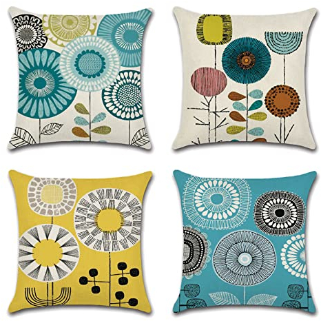 OCEUMACO Leinen Kissenbezug 45x45 Blumen Kissenhülle 4er Set Sofakissen Dekokissen Bezug für Couch Sofa Geometrische Muster Kissen Kissenbezüge Outdoor Deko Zierkissen Couchkissen - Türkis Gelb