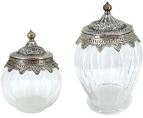 DARO DEKO Glas mit Metall-Deckel Silber schwarz 2er Set - 17 und 24cm Vorratsglas Aufbewahrungsglas Dekoglas Keks-Dose
