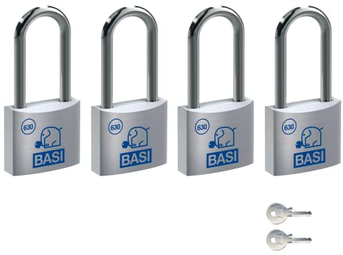 BASI | 4er Set Vorhangschloss | 30 mm | gleichsperrend | hoher Bügel | massives Aluminium-Gehäuse | gehärteter Stahlbügel | sicheres Vorhängeschloss gleichschließend | Bügelstärke 5 mm | 4 Stück