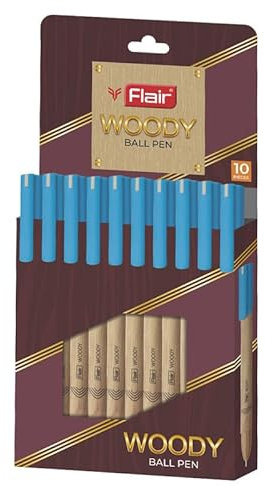 FLAIR Woody Kugelschreiber Wallet Pack | 0,7 mm Spitzengröße | Attraktives Holz-Design | Glattes Tintenflusssystem mit niedrigviskoser Tinte | Schmierfreies Schreiben | Blaue Tinte, 10 Stück