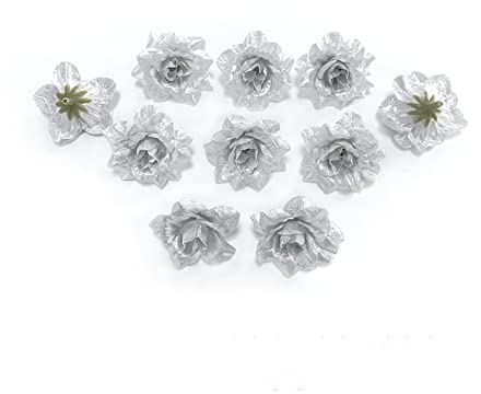 10 STK Kunstblumen Blumenköpfe Bunt Kunstblumen Köpfe Blumen Rosen Simulation Dekoration Blume Kopf Kunstblumen Künstliche Blütenköpfe Für DIY Basteln Hochzeit Party Home Deko,Silber