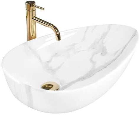Rea Aufsatzwaschbecken GRETA 65 BIANCO SHINY Waschtisch Handwaschbecken Waschschale Waschbecken für Badezimmer aus hochwertiger Keramik 655 x 390 x 135 mm (Weiß, Marmorimitat)