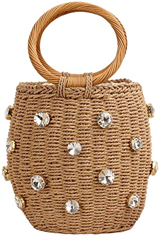 DKIIL NOIYB Straw Bag for Women Pearl Bag Rattan Tote Bag Straw Bucket Bag With Pearl Flower Drawstring Beach Purse Handbags for Seaside Holiday 19cm