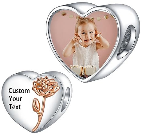 LaMenars Personalized Photo Charms Geburt Blume Juli Larkspur Perlen Sterling Silber Anpassen Bild Liebe Herz für Frauen Armbänder und Halsketten Geschenke für Mädchen