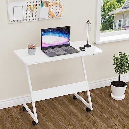 Rcynview Schreibtisch Holz mit Rollen, Beistelltisch in Z-Form, PC Tisch Wohnzimmer, Stabiler Computertisch für Gaming und Home Office, Laptoptisch fürs Bett, 80x40cm Tischplatte, Weiß Arbeitstisch