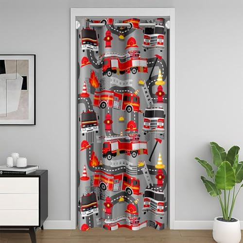 richhome Kinder Feuerwehrauto Tür Vorhang Feuerwehr Motoren Tür Vorhang Top Grau Stadt Straße Tür Tür für Küche Wohnzimmer Schlafzimmer 106x203 Zoll