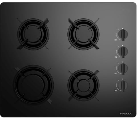 RADIOLA RATG4N, Plaque de cuisson Gaz, 4 Foyers, Largeur(60cm), Allumage 1 main, Manettes latérales, 7500 watts, Noir