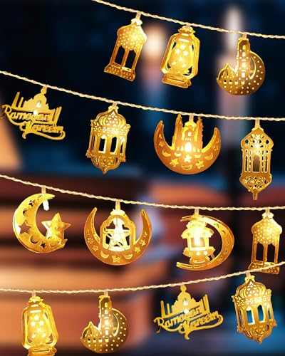 Decoraciones de Ramadán, 10LED Luces hadas de Ramadán Eid Mubarak Luna Estrella Linterna Mubarak Luna Eid Luces de hadas Funciona con pilas Decoración Ramadán para el hogar al aire libre interior 2024
