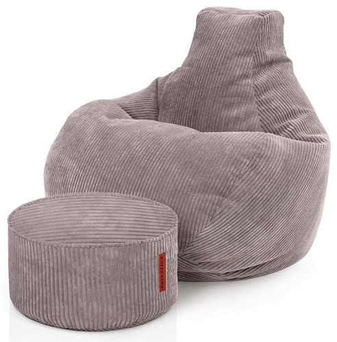 Green Bean® Sitzsack mit Hocker aus Cord - Sitzsäcke für das Wohnzimmer, Schlafzimmer, Sitzsack-Sessel für Erwachsene Hellgrau