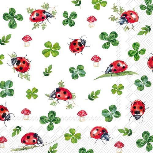20 Servietten Blumen, Garten & Natur Marienkäfer, Pilze und Kleeblätter als Tischdeko. Papierservietten mit Motiv. Auch für Decoupage und Serviettentechnik 33x33cm