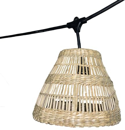 Lichterkette mit Lampenschirm aus Seegras im Boho-Stil, 7-flammig, E27-Fassung, warmweiß, 6 m