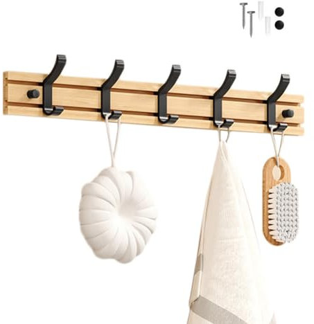 Koomuao Jumuao Porte Manteau Bambou Mural, Patères 4 Crochets pour Suspendre Vêtements, Peignoirs, Serviettes, Manteaux Crochet Mural pour Entrée, Chambre, Salle de Bain (Noir-5 Crochets)