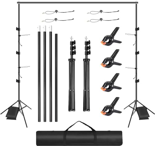 Hintergrund Ständer 2,6 x 3m, Verstellbarer Hintergrundsystem aus Metall mit 8 Stück Hintergrundklemmen 2 Sandsack 1 Tragetasche, für Fotostudio Porträt Produktfotografie Partys Hochzeiten