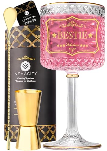 Vemacity Personalised Gin Glass with Gold Rim & ‘Bestie’ Design | Large 700ml Gin Glasses Gift for Women with Gold Spoon & Jigger | Recipe PDF | Ideal Aperol Spritz or Wine Cup