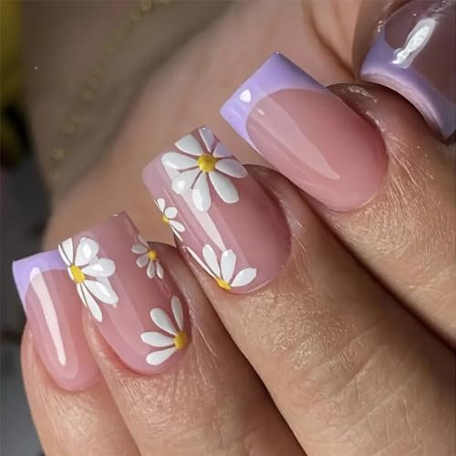 24PCS Nägel Zum Aufkleben Künstliche Fake nails - Ballerina Purple French Press on Nails - Coffin Falsche Nägel Tips mit Nagelkleber DIY Nagelkunst für Frauen (Purple with Flower Design)