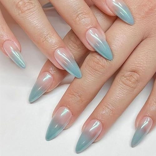 MrCuvaryas Press on Nails Künstliche Nägel kurz, Weißes French-Nail-Design mit Farbverlauf, Fingernägel zum Aufkleben Acryl Full Cover für Frauen und Mädchen Nail Art (Blue Gradient, 12 Größen)