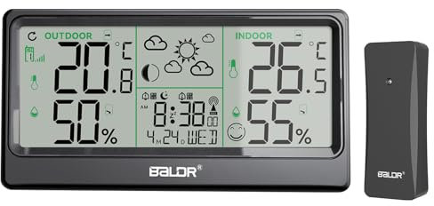Wetterstation Funk mit Außensensor, DCF-Funkuhr, Innen- und Außenthermometer, Hygrometer, 8,5'' Funkwetterstation mit Wettervorhersage, Mondphase, Hoch-/Tieftemperatur und Schimmelpilzalarm