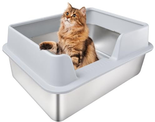 Caja de arena para gatos XXL 50 x 35 x 25 cm, de acero inoxidable, grande, a prueba de fugas y fácil de limpiar, nunca olores, inoxidable (gris claro, 50 x 35 x 25 cm)