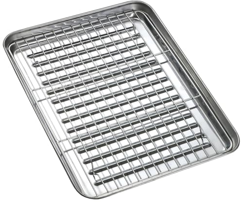 LIGUOYI Bandejas para Horno, Bandeja De Acero Inoxidable Bandejas Rectangular Antiadherente Bandeja para Hornear De Metal con Rejilla De Enfriamiento, Pinzas Y Cepillo, Bandeja Servicio(440x320mm)