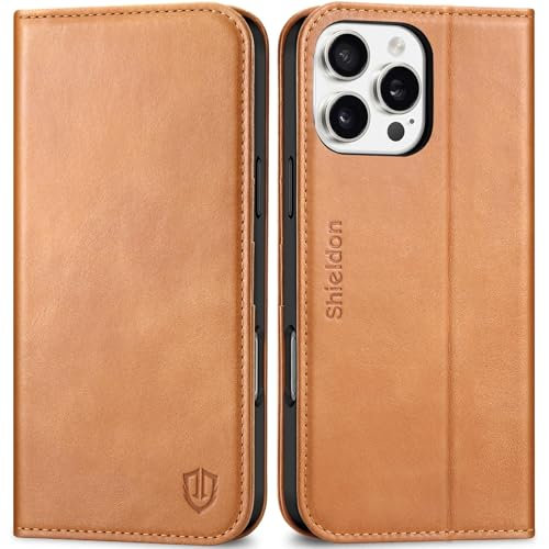 SHIELDON Hülle für iPhone 16 Pro Max, Handyhülle 5G Schutzhülle [Rindsleder] [Kartenfach] [Stand] [RFID Blocker], TPU Magnet Lederhülle Kompatibel mit iPhone 16 Pro Max 6,9 - Ölig Hellbraun