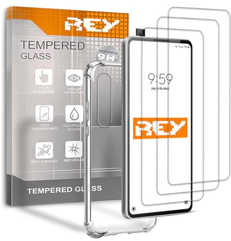 REY 3X Protector de Pantalla y Funda Anti-Shock para Huawei P Smart Pro 2019, Cristal Vidrio Templado y Silicona TPU de Alta Resistencia
