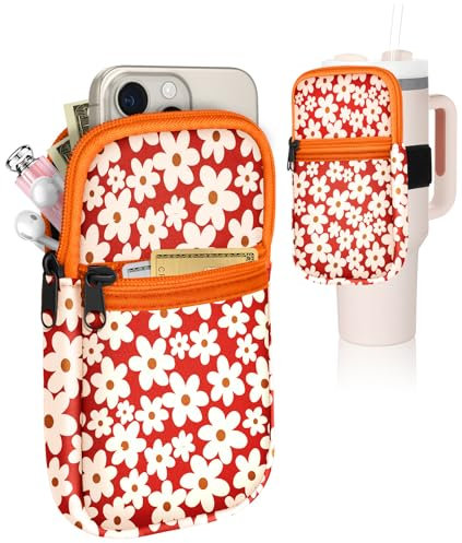 Water Bottle Pouch Backpack for Stanley Quencher Cup - Flower Floral Orange 40 30 oz Tumbler Bag Purse Pack Wallet for Phone Keys Gym Accessories