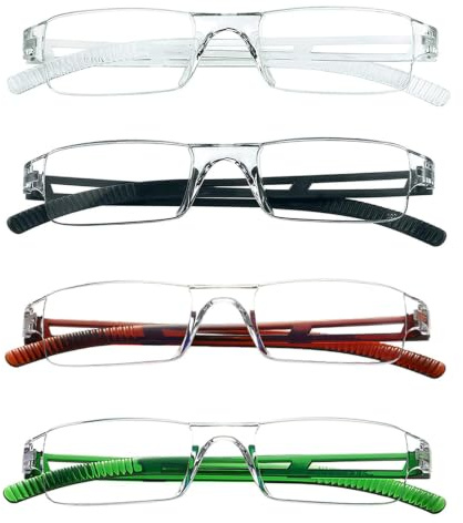 Hubeye Frameless Reading Glasses Ultralight Blue Light Blocking Lens 1.50 | Transparent Plastic Frame, Rimless Frameless Structure, Comfortable to Wear, 4‑Pack of Black+Brown+Green+Trasparent Set