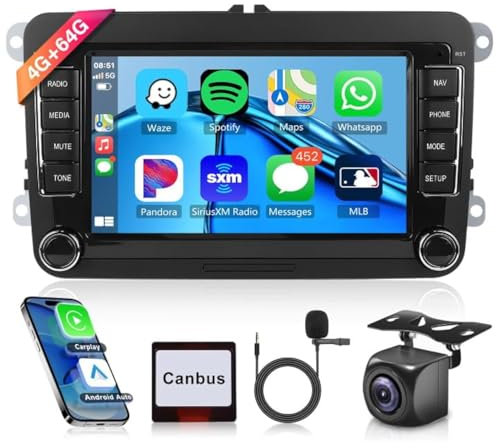 4+64G Android Car Stereo for VW Passat Jetta Tiguan Golf MK5 MK6 T5 EOS Polo with Carplay, Rimoody 7 Inch Car Radio with 32EQ DSP GPS Bluetooth FM RDS WiFi Android Auto UI Themes Rear View Camera