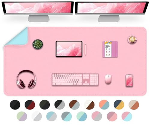 Sous-main double face, grand sous-main imperméable en cuir synthétique lisse, tapis de souris, organiseurs de bureau, décoration de table de bureau ou de maison pour lire et écrire (rose clair + bleu,