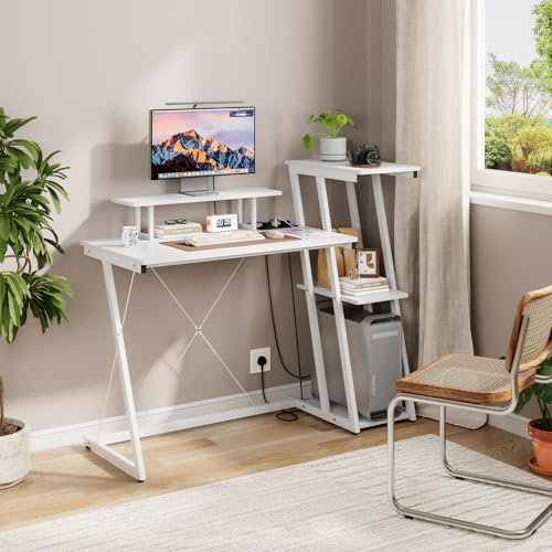 Dripex Computer Desk with 3-Tier Reversible Storage Shelves, Small Office Desk with Power Outlets & USB Charging Ports, Modern Work Study Table for Home Office, White