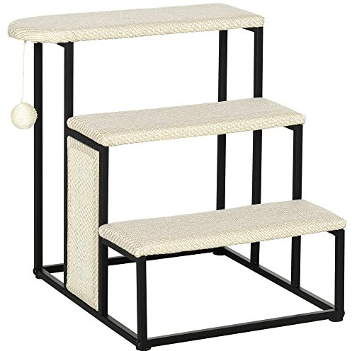 PawHut Escalera para Perros de 3 Niveles Escalera para Mascotas con 3 Escalones Bola Colgante Tablero de Rascar y Marco de Acero 47x45x47 cm Crema y Negro