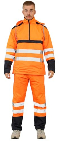Grunge Wear® Hi Vis Rain Tracksuit - Mens High Visibility Waterproof Reflective Tape Band Safety Lightweight Rainsuit Hooded Top Trouser Plus Sizes S-XXL