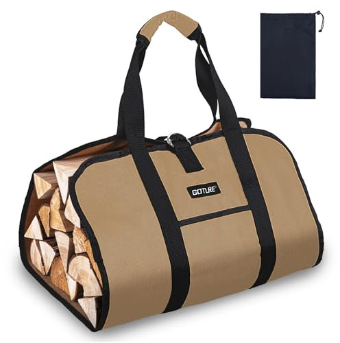 Goture 16Oz Waxed Canvas Log Carrier Bag with Kindling Bag, Water Resistant Wood Carrying Bag with Firewood Storage Tote for Kitchen Camping Trip Gift(Khaki)