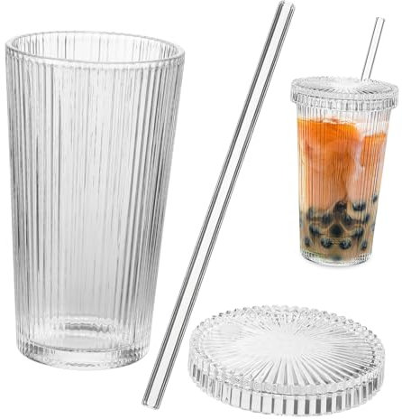 MAGICLULU Matcha Becher Schnippige Kaffeetasse Eiskaffeetassen mit Deckel Saftgläser iced coffee cup ice coffee cup geriffelte gläser trinkgläser Saftbecher mit Deckel Gläser mit Deckel Glas