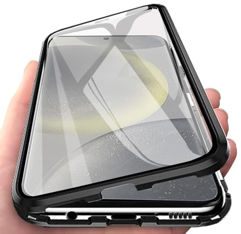 Orgsty Hülle für Samsung Galaxy S25, 360 Grad Hülle mit eingebauter Glas Displayschutzfolie Kameraschutz, Magnetische Metallrahmen Klare Rückseite dünne Handyhülle, Schwarz