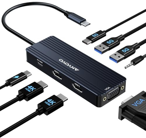 ANYOYO Docking station USB C, docking station 8 in 1, doppio monitor, docking station 3 monitor con doppio HDMI e VGA, trasferimento dati da 5 Gbps, dock per laptop per MacBook Air/Pro, Dell XPS (nero