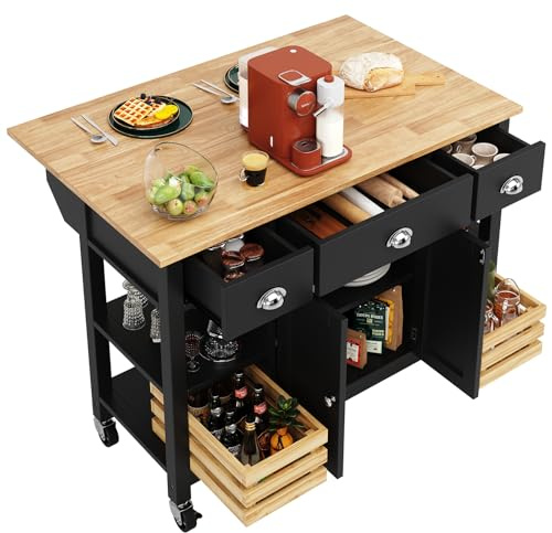 DRIXNO Kücheninsel (120×45×90cm) Küchenschrank Essschrank Esszimmerwagen Holzmaserung Esszimmerschrank Multifunktions-Esstisch mit Kiefernkorb Aufbewahrungskorb, Schwarz