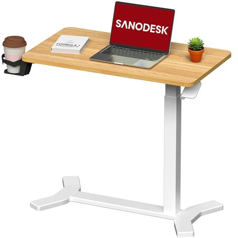 SANODESK Höhenverstellbarer Beistelltisch, C-förmige Tischbeine mit Becherhalter und Holzplatte (Ahorn+Weiß), Ideal für Sofa, Bett & Laptop
