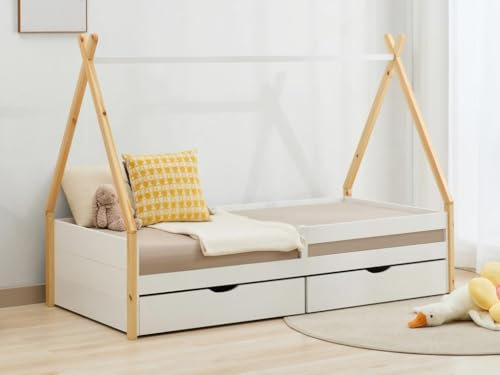 Vente-unique-Kinderbett Tipi-Bett mit Schubladen + Matratze - 90 x 190 cm - Kiefer & MDF - Weiß & Holzfarben - LUANCO