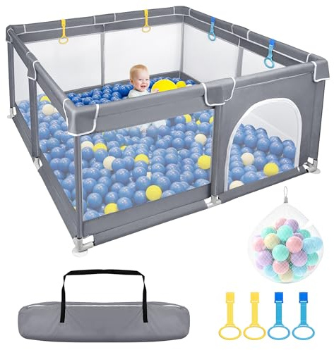 FIVMEN Laufstall Baby 127x127 cm Laufgitter Bällebad mit 50 Bällen, Atmungsaktivem Netz und 4 Zugringen Baby Playpen Aktivitätszentrum Schutzgitter Absperrgitter, Grau